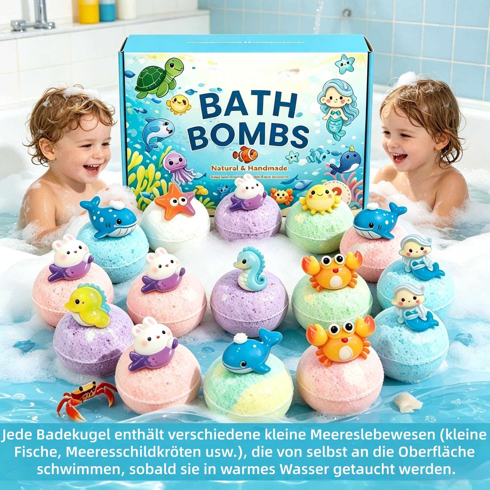 playfizz oceanpop 12 Stück Badebomben Badekugeln Kinder Set - Schaumbad, für Kinder, Hautfreundlich