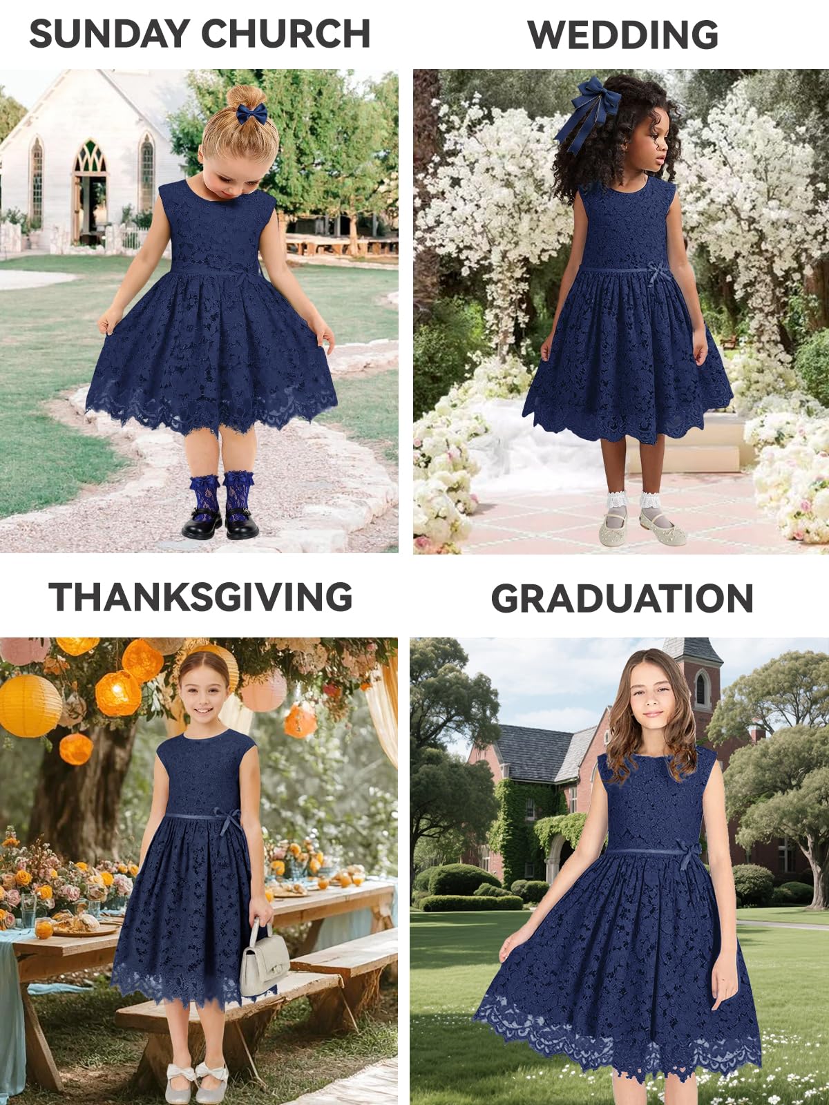 ALLOVIN Robe de fête en Dentelle A-Line sans Manches pour Filles et Tout-Petits pour Pâques, Anniversaire, Robe de Demoiselle d'honneur avec nœud perlé 2-12 Ans