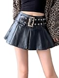 Y2K Mini Skirt Buckle Belted High Waisted Pleated Flare PU Faux Leather Short Goth Skirts for Women