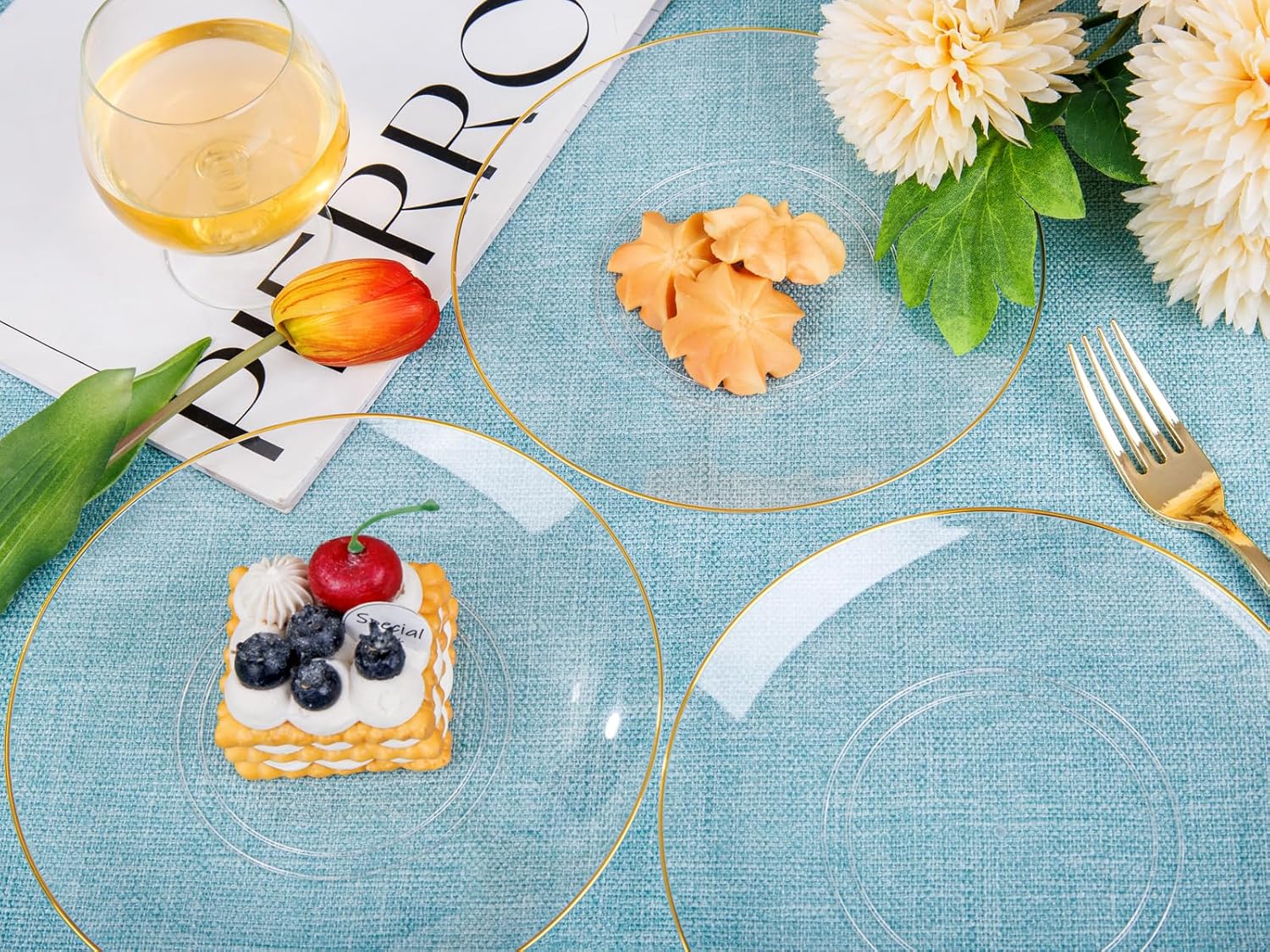 Nervure 100Pieces Clear and Gold Rim Plastic Plates - 7.5inch Disposabl Salad Dessert Plate - Clear and Gold Party Plates Ideal for Wedding & Party - Image 8