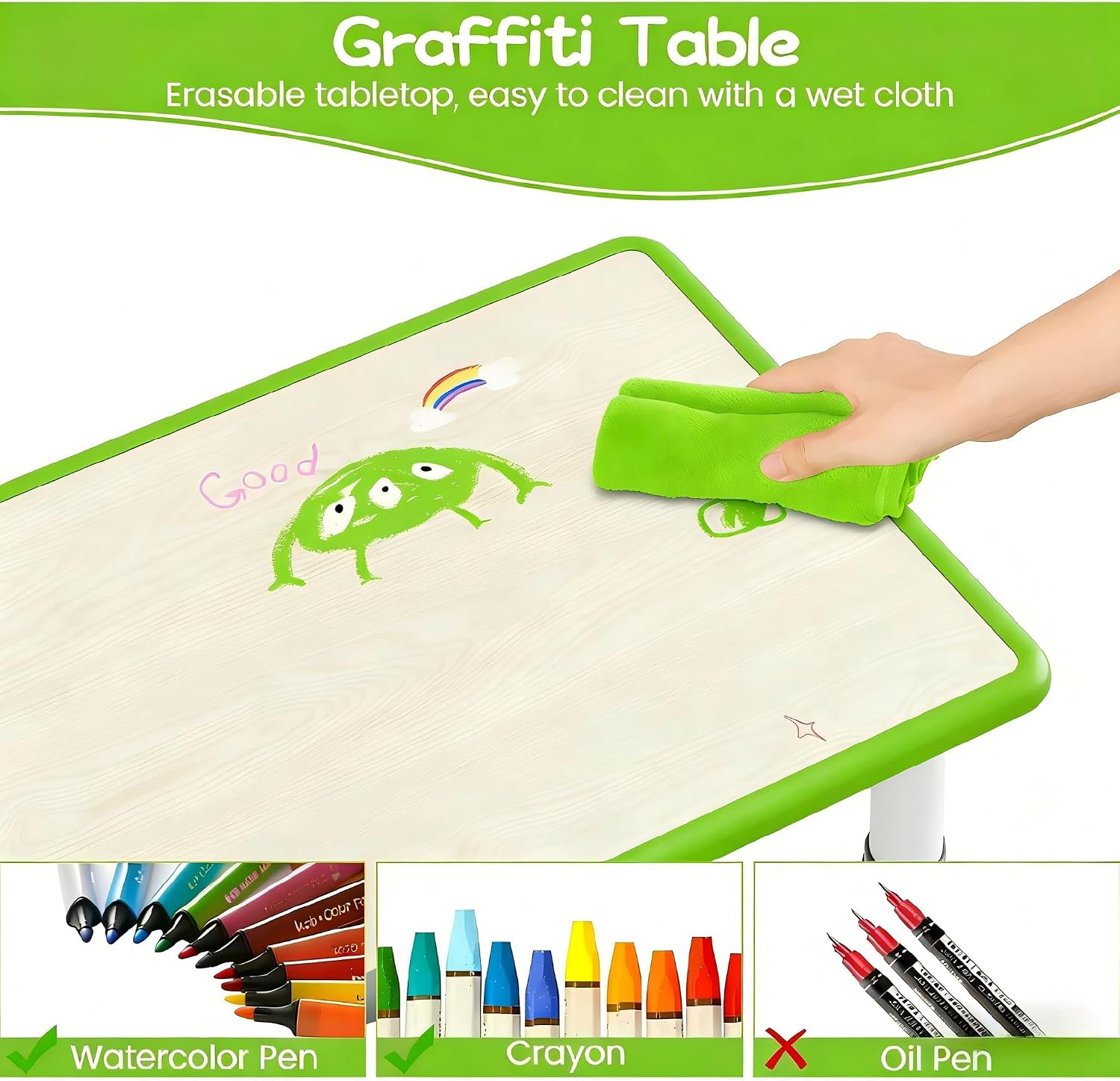 Kids Table and 2 Chairs Set, Height Adjustable Toddler Desk 31.5" L x 23.6" W and Chair Set, Graffiti Desktop, Classroom/Daycare/Home, Children Multi-Activity Table for Ages 3-8 (Green)