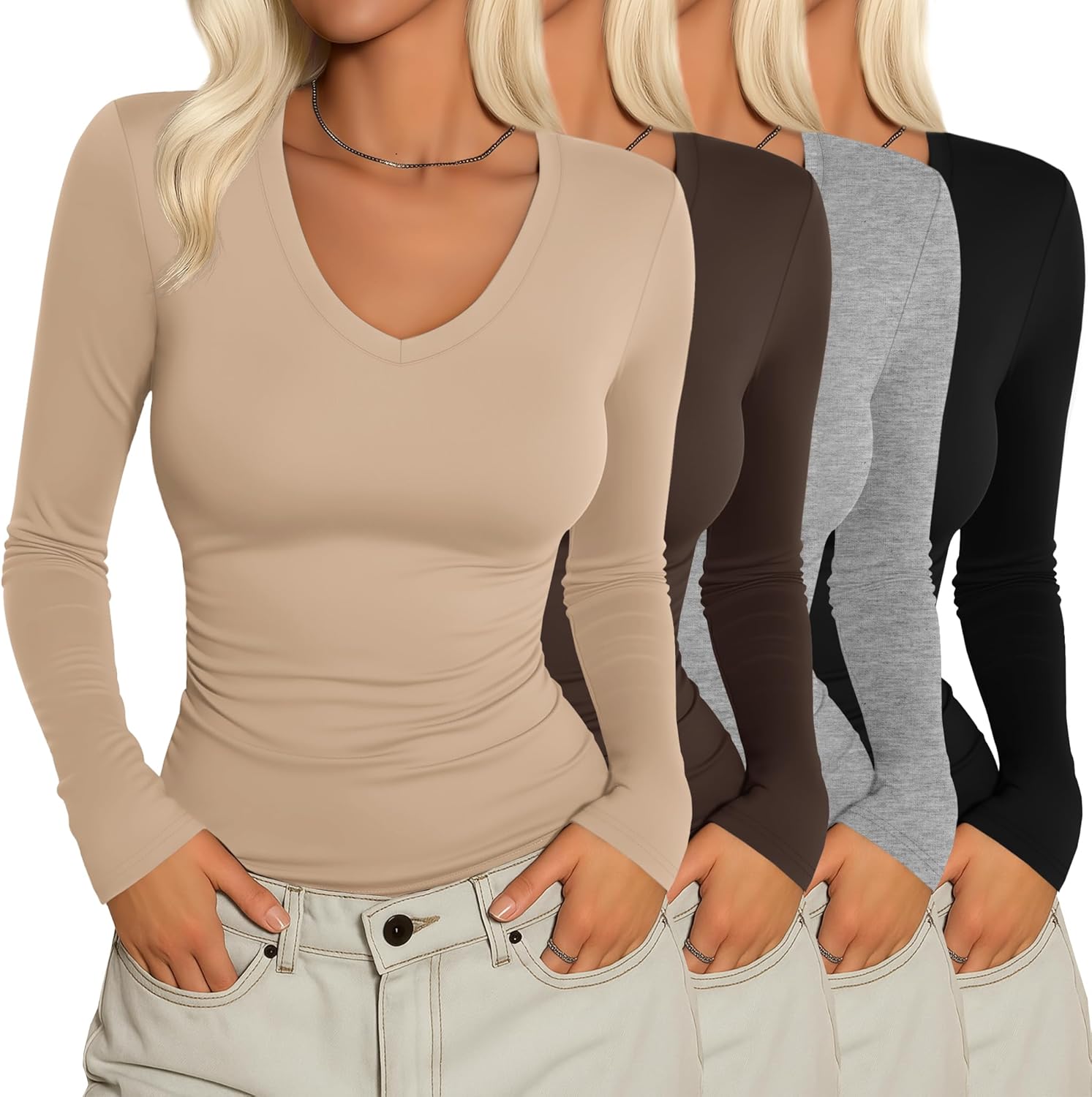 4 Pack Women's Long Sleeve Shirts Tight V Neck Slim Fitted Tops Stretchy Casual Basic T Shirts Layering Tees 2026