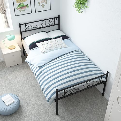 Miniatura 19 de Weehom Marco de cama individual, plataforma de metal, listones de acero resistente, almacenamiento debajo de la cama para niños, color rosa