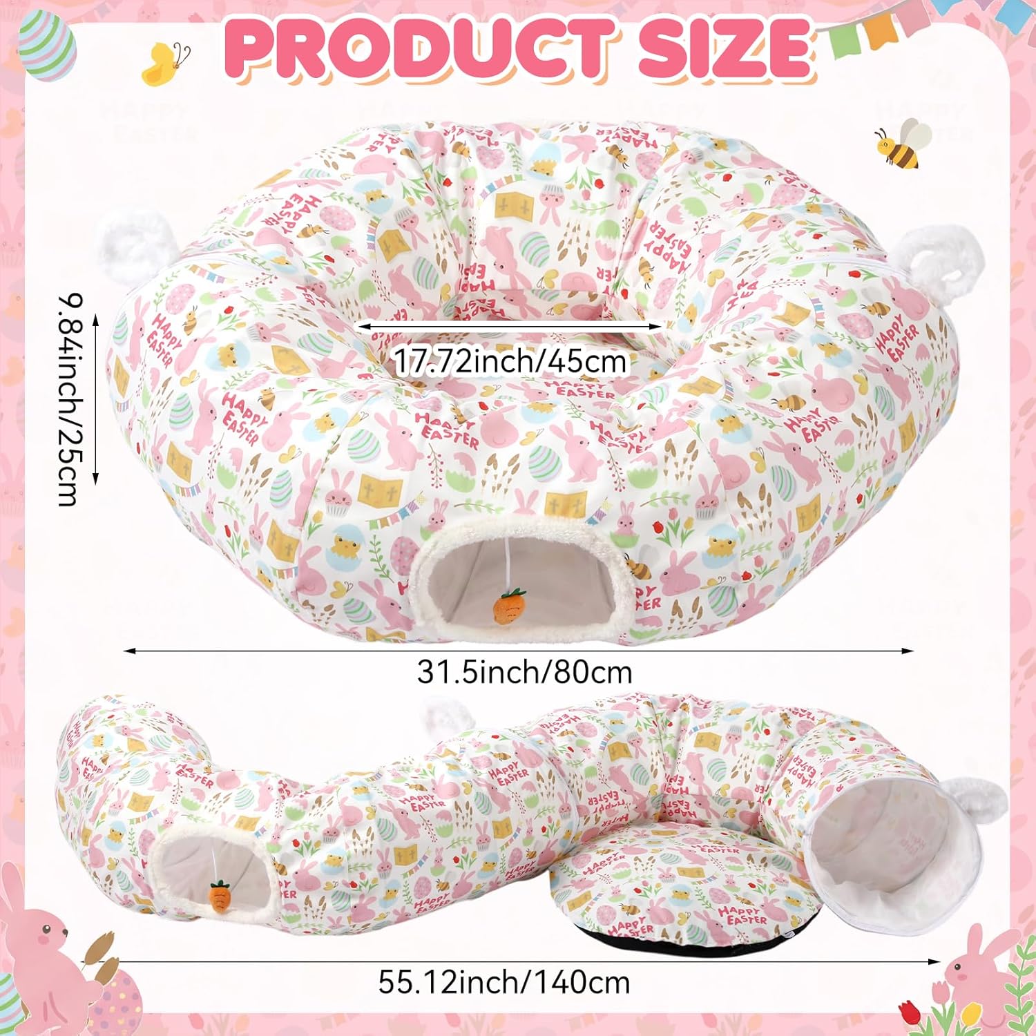Aliceset Easter Bunny Cat Tunnel Bed for Indoor Cats 3ft x 3ft x 10in Foldable Cat Donut Tunnel with Washable Cushion Easter Rabbit Peekaboo Cave Toy for Small Kitten Kitty