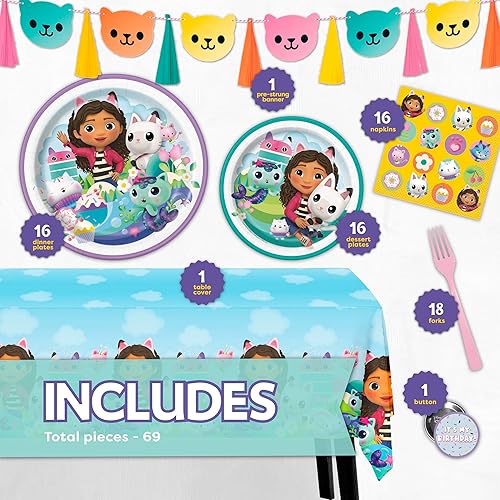 Miniatura 2 de Decoraciones de fiesta de casa de muñecas Gabby | Decoraciones de fiesta de cumpleaños Gabby | Mantel de mesa, pancarta, platos, servilletas, botón