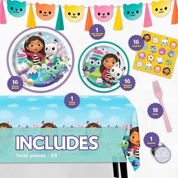 Gabby Dollhouse Birthday Decorations with Banner and Table Cloth | Officially Licensed Gabby Dollhouse Party Decorations - Banner, Tablecloth, 16 Dinner and Dessert Plates and Napkins, Forks