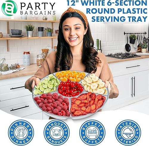 Miniatura 6 de PARTY BARGAINS Bandeja redonda de plástico de 6 secciones, 12 pulgadas, color blanco con borde plateado, paquete de 1, platos reutilizables para