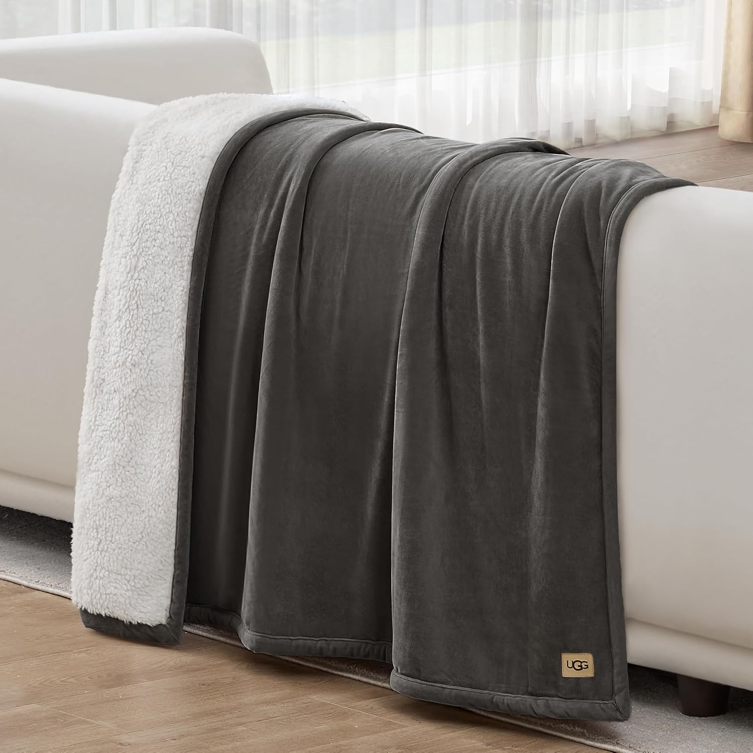 UGG Bliss Throw Blanket Plush Soft Fleece Fluffy Blankets for Bed or Couch Oversized Warm Reversible Machine Washable Medium Weight Home Decor Giftable Throw, 50-inch x 70-inch, Charcoal Grey image 5 of 8 B0BYQ2VS6Z