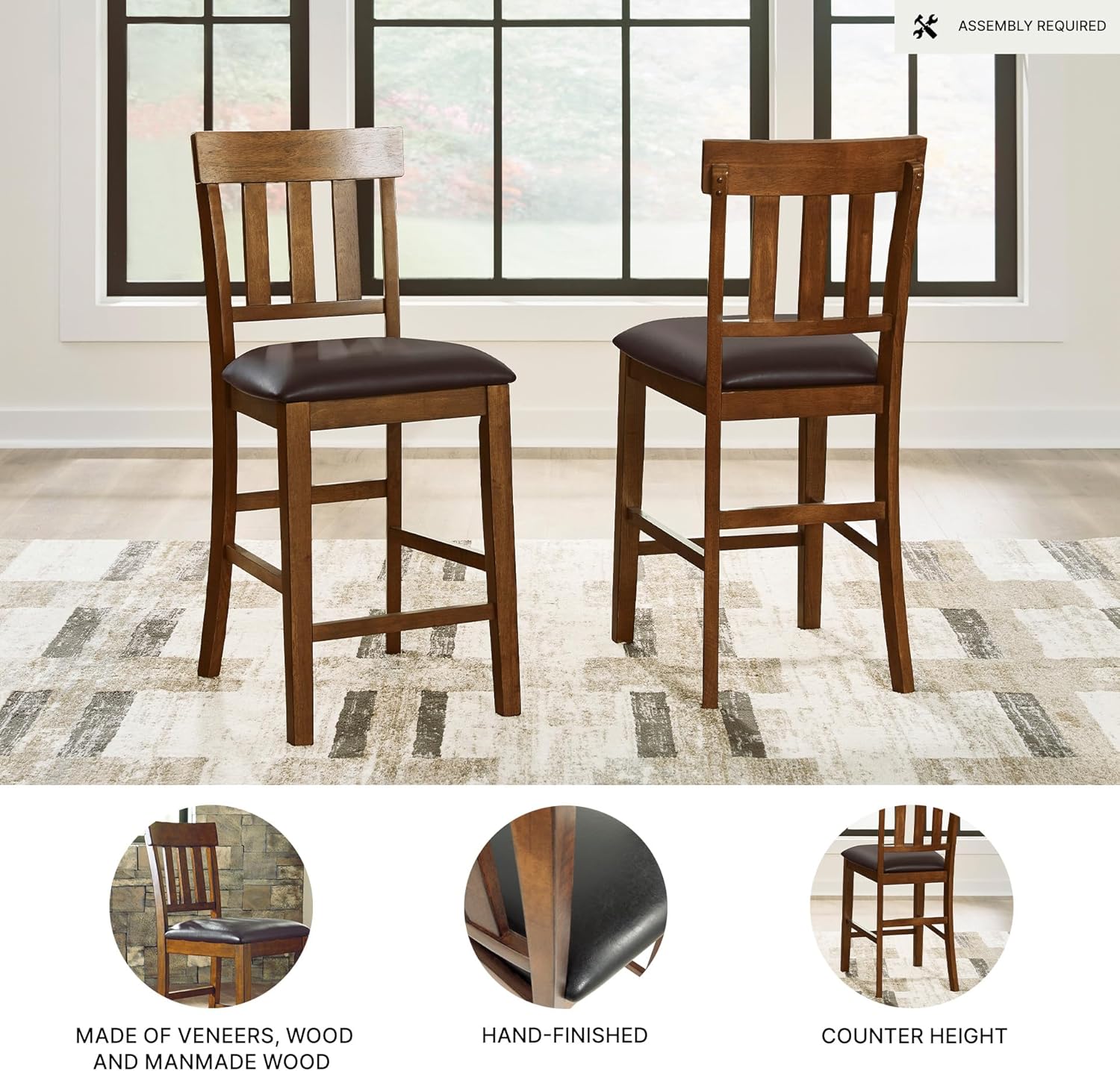Signature Design by Ashley Ralene Traditional 26" Counter Height Faux Leather Seat Barstool, 2 Count, Brown