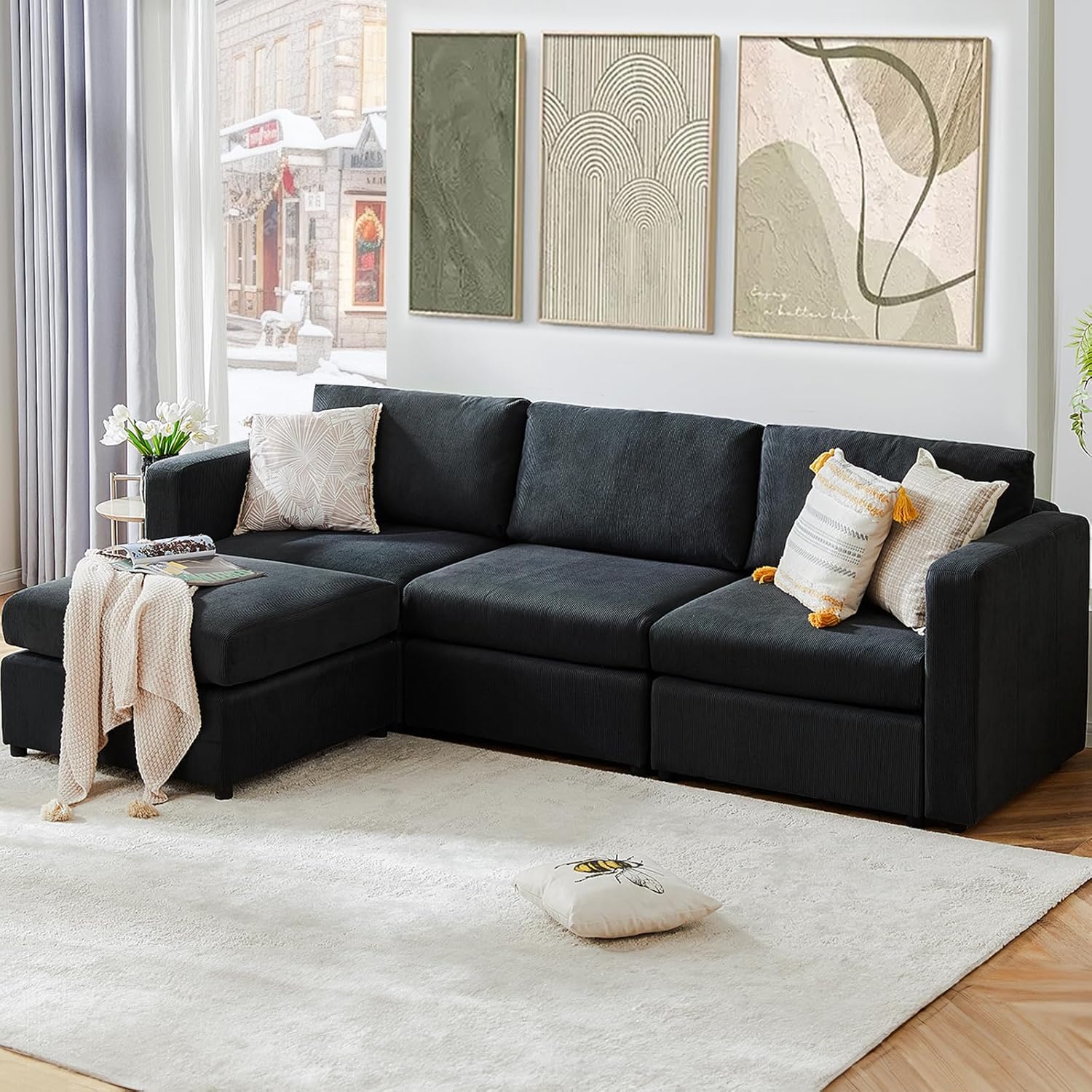 DUMOS Convertible Sectional Sofa L-Shaped Couch with Soft Deep Seat Modern Modular Sectional Couch for Living Room Apartment Lounge, Comfy Sofa with Liner Fabric