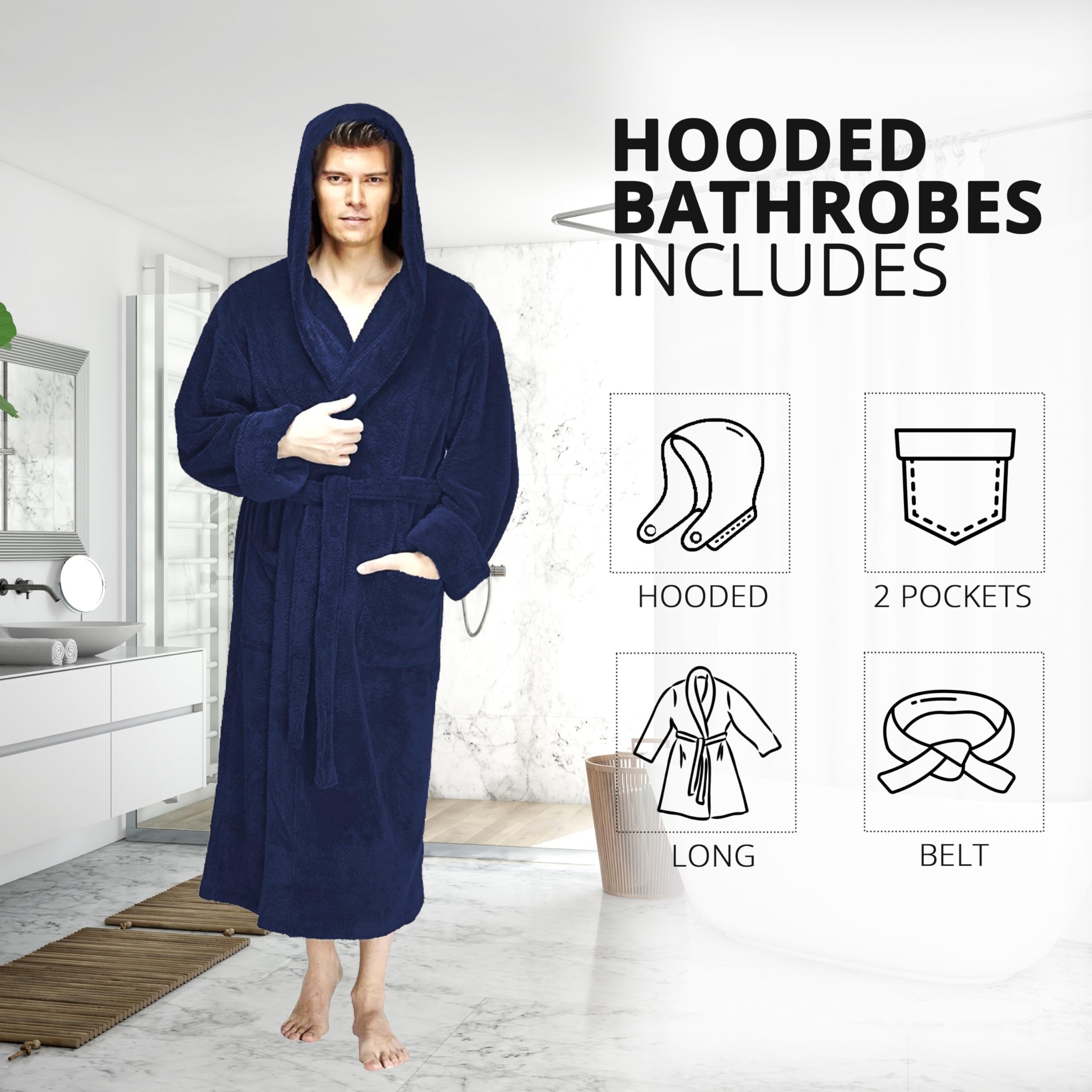 Peignoir de luxe à capuche pour homme et femme 100 % coton éponge col châle parfait pour hôtel et spa