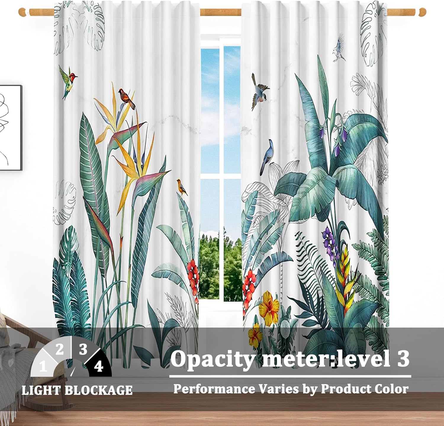 Renaiss 42 x 63 Inch Tropical Plants Window Curtains Sketch Leaves Flowers Birds Botanical Window Treatment Curtains Linen Palm Trees Tropical Rainforest Landscape Blackout Thermal Curtains 2 Panels
