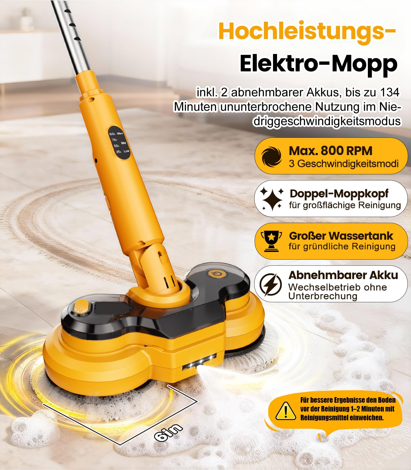 Qimedo Elektrischer Wischmopp 5000mAh, 800 U/min Kabellos Bodenwischer Elektrisch Mopp Rotierender Akku-Vibrationsmopp für Bodenreinigung mit Smart-Display, LED-Licht und Wassersprühfunktion