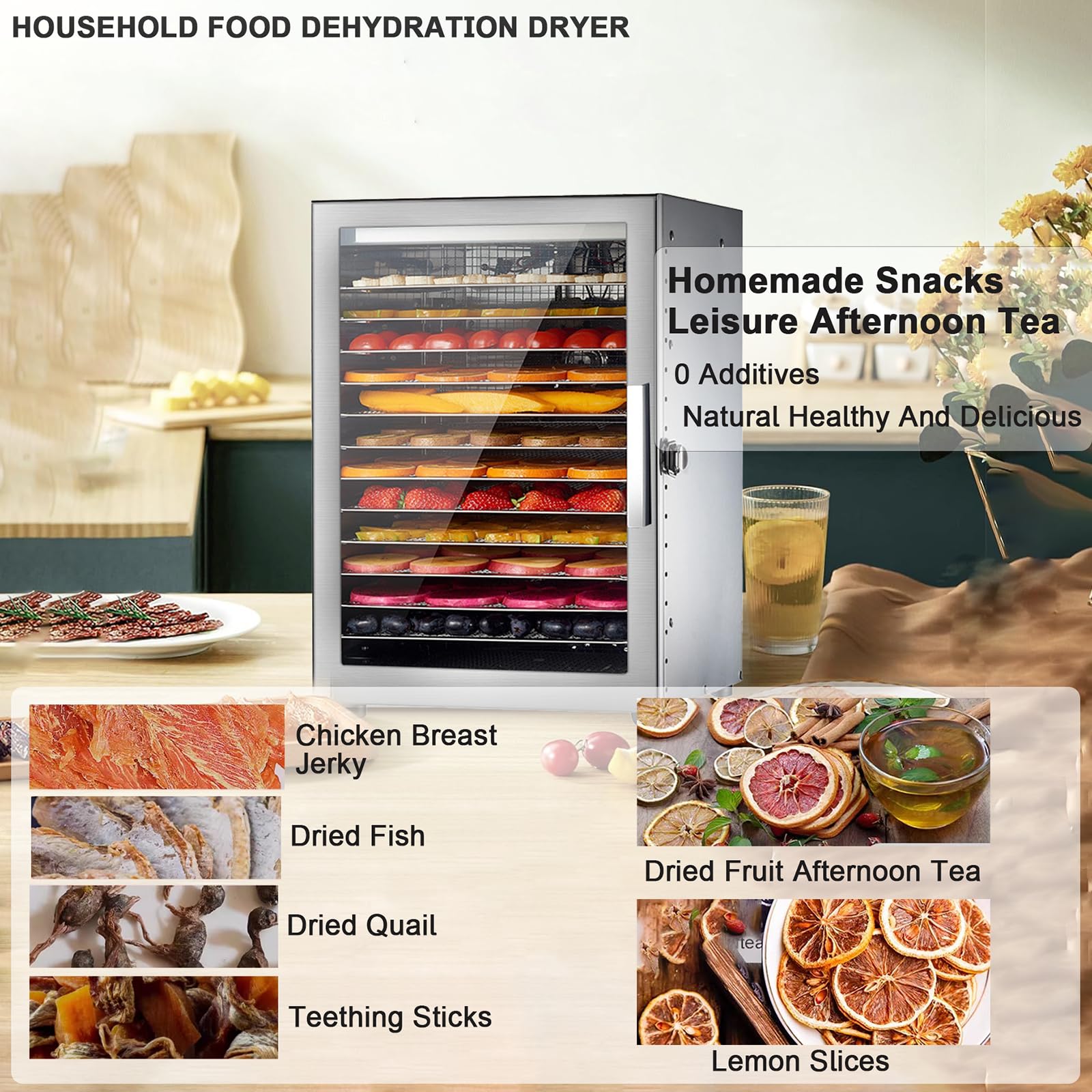 Deshidratador de alimentos premium 800W con bandejas de acero inoxidable, temporizador 24H y control de temperatura, operación silenciosa para frutas secas saludables Verduras carne descabalda, diseño