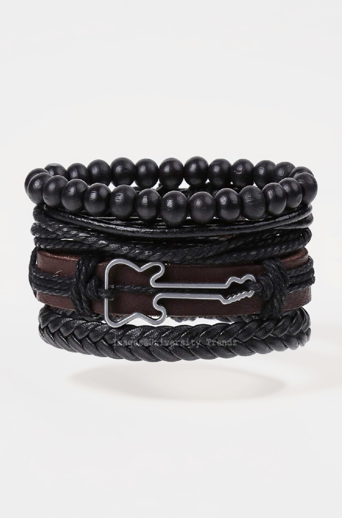 University Trendz Black Base Metal Leather Funky Multistrand Guitar Charm Bracelet for Men & Boys (Set of 4) (Multi Color)