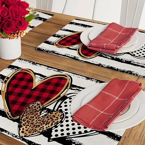 Miniatura 6 de Seliem Juego de 4 manteles individuales para el día de San Valentín, Be Mine Love con rayas negras, diseño de corazón y lunares, decoración para el