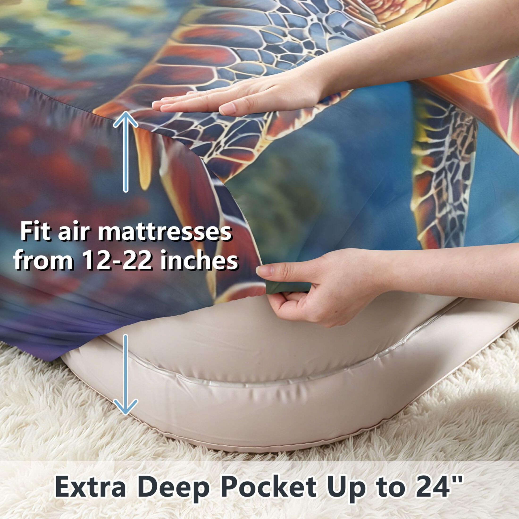 Sábana bajera ajustable de tortuga marina colorida para colchón de aire, bolsillo extra profundo de 24 pulgadas, funda suave y transpirable con apertura de válvula de cremallera para cama de