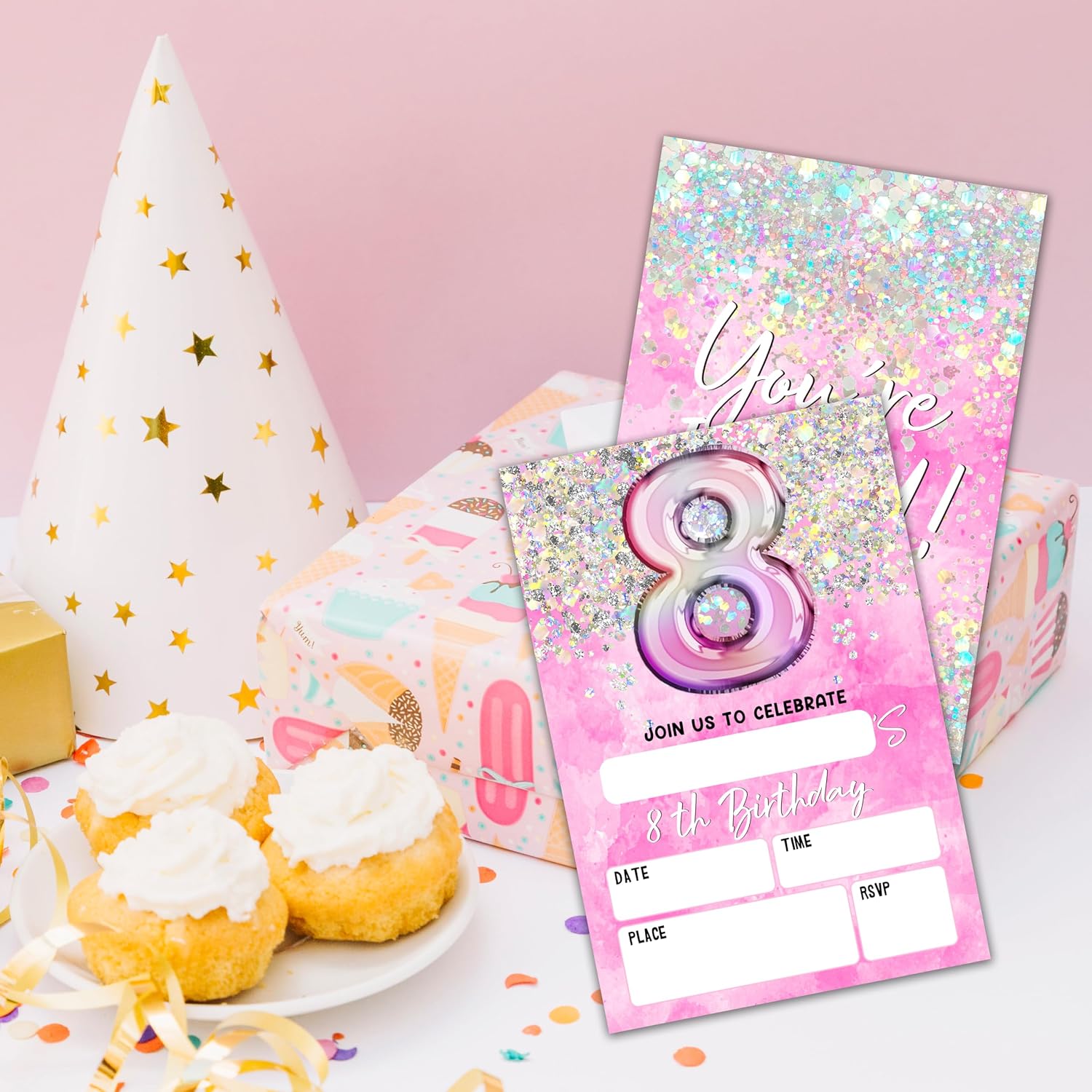 8Th Birthday Invitation Cards, Holographic Balloons Double-Sided Fill In Style Birthday Invites With Envelopes, Glitter Pink 8 Years Old Invitations For Girls, Teen, Party Favor & Supplies - A18 image 5