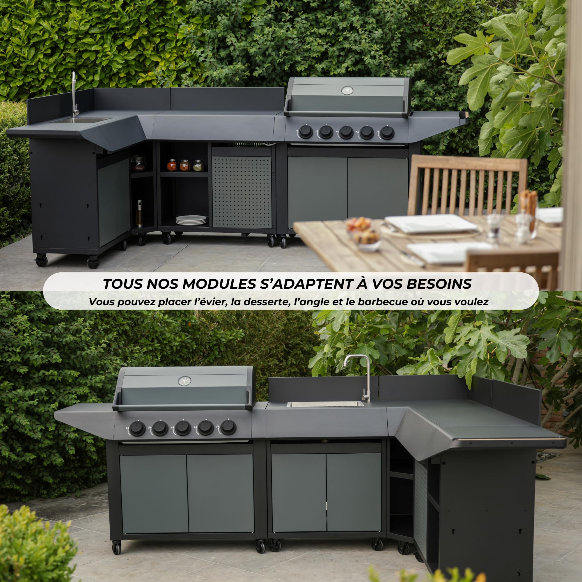 Cook'in Garden - Cucina Esterna Gas BURN, Barbecue Modulabile con Angolo, 5 fuochi, Diverse configurazioni possibili, Destra, Angolo Sinistro o Destro, Rotelle Multidirezionali