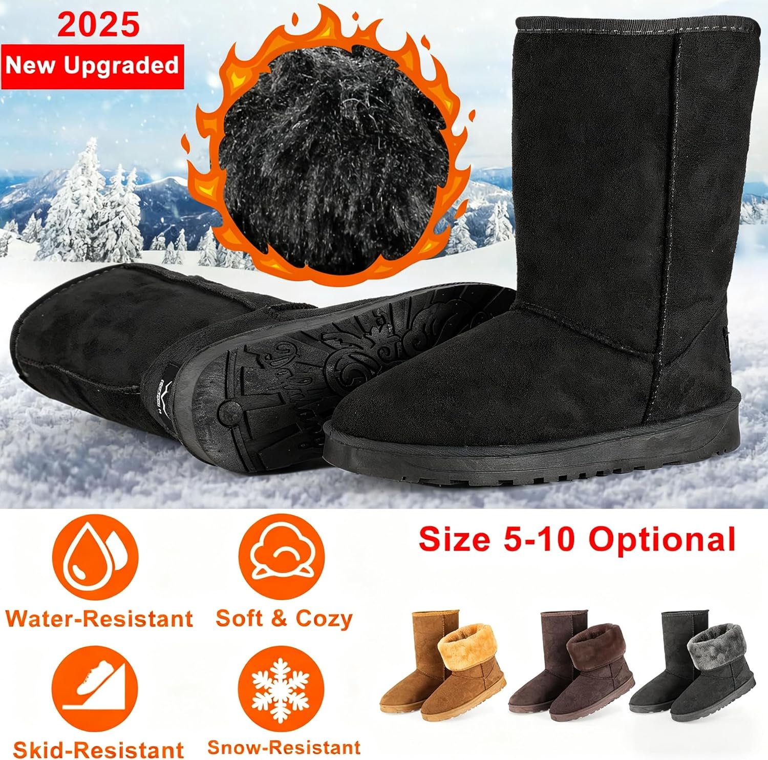 Women Winter Snow Boots Waterproof Mid-Calf Lining Shoes with Warm Faux Suede Ladies Hiking Boots Hard Bottom Non Slip for Cold Weather(Black9)