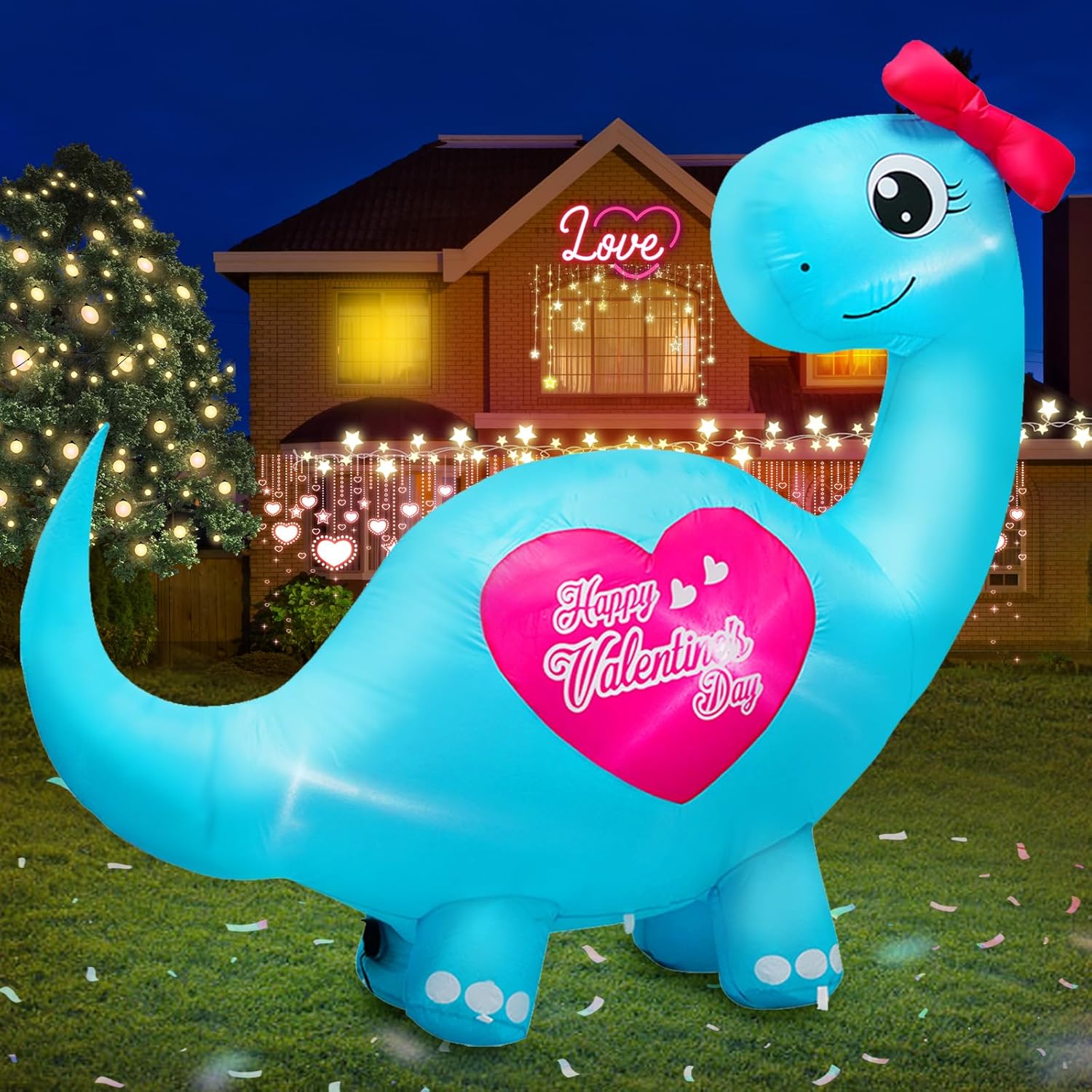 6FT Tall Valentine's Day Inflatables Cute Dinosaur with Sweet Heart, Blow Up Valentine's Day Dino Outdoor Decoration Built-in 4 LED Lights for Wedding Propose Indoor Yard Party Supplies