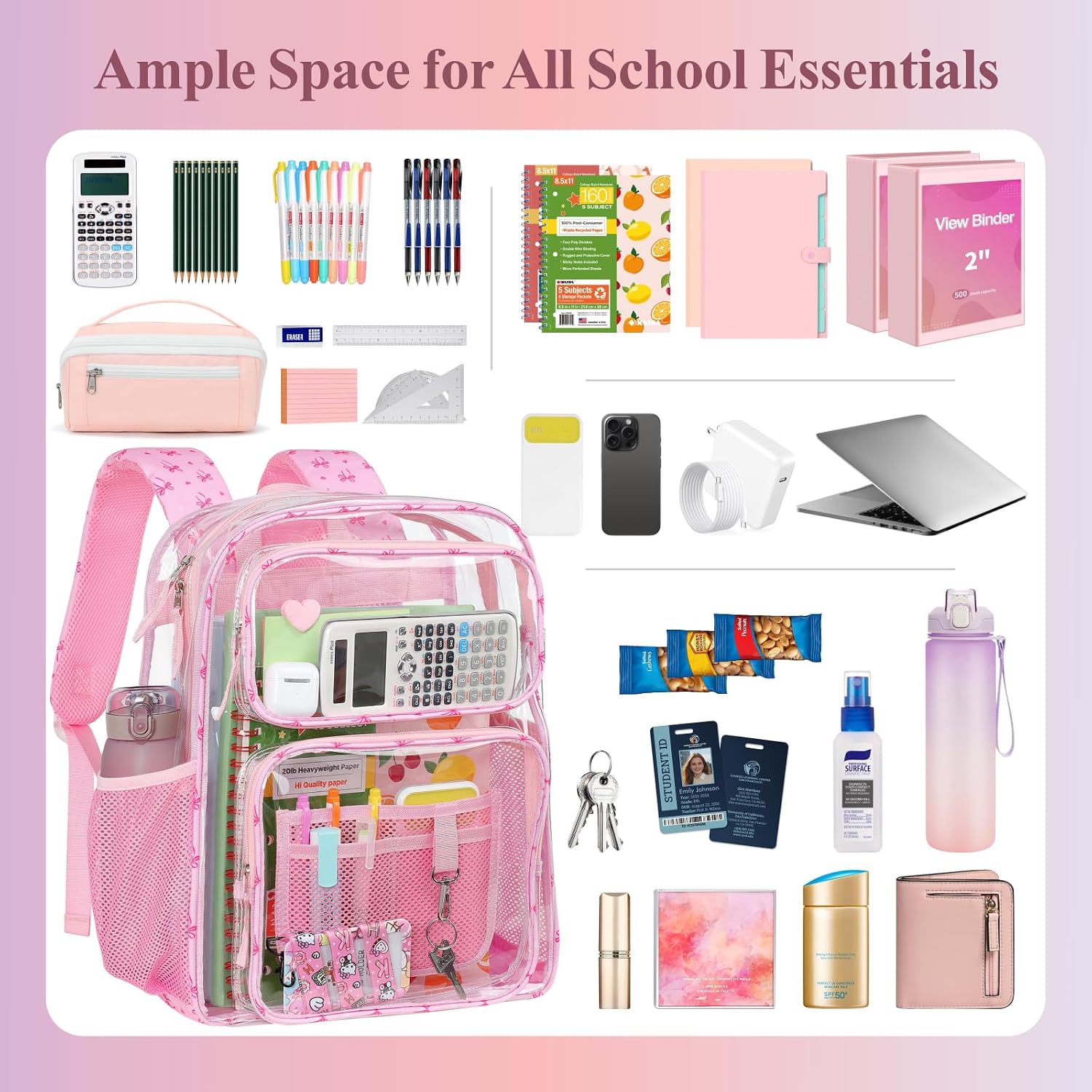 PACKISM 17 Inch Large Clear Backpacks for School Bundle with Reusable Clear Lunch Bag, See Through PVC Transparent Back to School Set, Pink (Age 12+) image 5