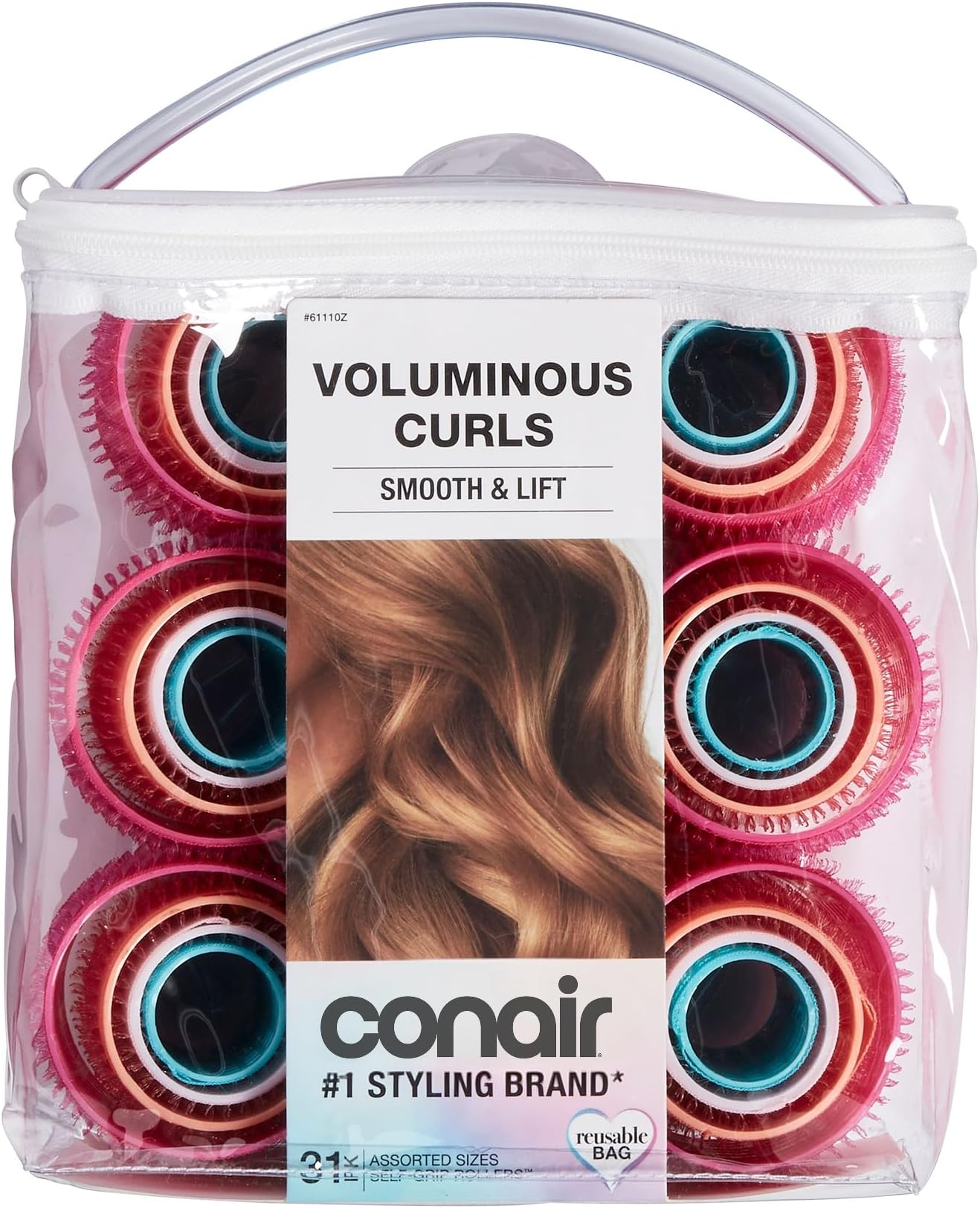 Conair Self-Grip Hair Rollers | Multi-Sized Heatless Curls for Short, Medium, Long Hair, 31 Count, 61110IN1