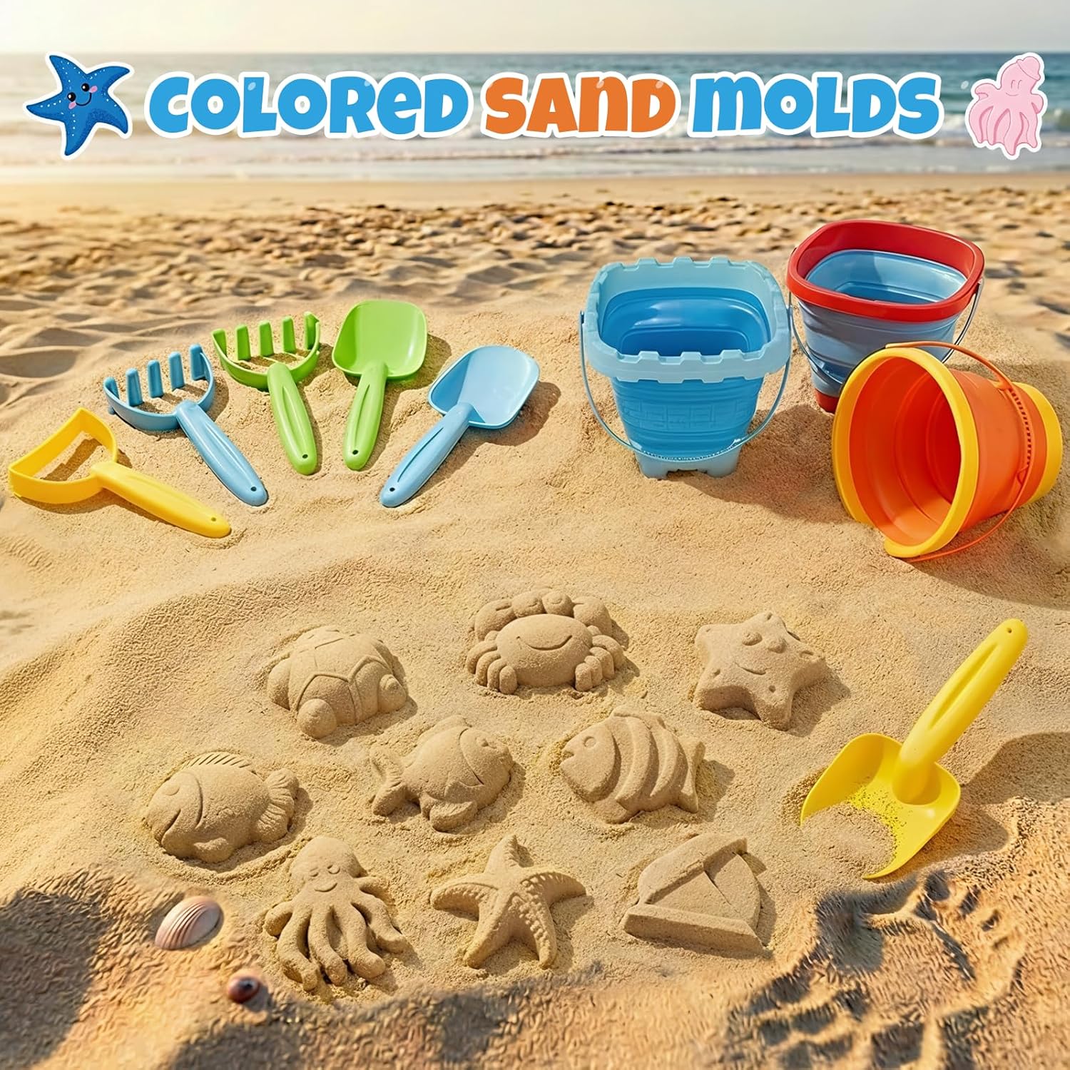 Beach Sand Toys Set for Toddlers, Portable Travel Beach Toys with 3 Collapsible Buckets, 3 Shovels, 3 Rakes, 9 Molds & Backpack for Kids, Summer Gift，Beach Tourism