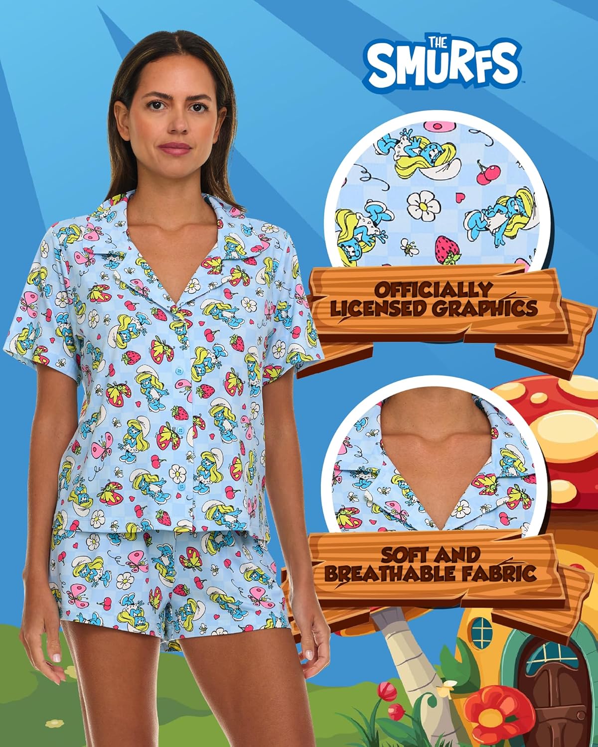 COCO BRANDS The Smurfs Women’s Pajama Set, Soft Stretchy Pajama Shorts & Short Sleeve, Notch Collar, Button Down Top - Image 2