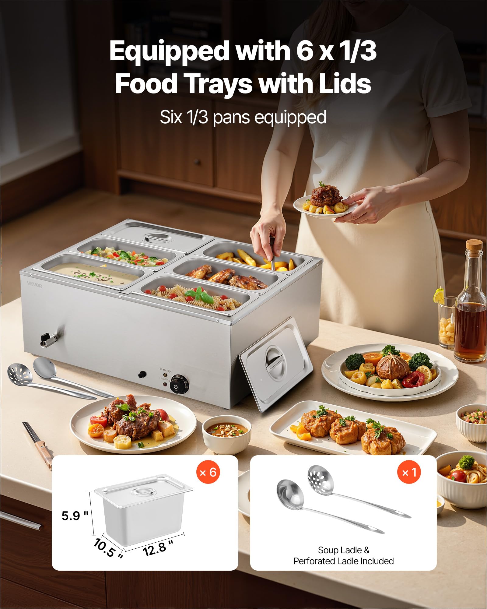 VEVOR Calentador de Alimentos 1500 W, de Acero Inoxidable, con Tapa, para 6 Sartenes, para Bufé de Encimera, Baño María con Cucharones para Sopa y Perforados, para Catering, 710 x 568 x 280 mm