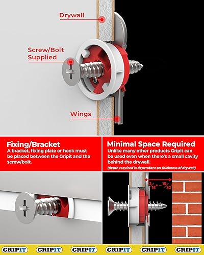 Miniatura 7 de Gripit Anclajes rojos para paneles de yeso  Anclajes de pared y tornillos para paneles de yeso  Kit de anclajes y tornillos  Anclajes de pared de