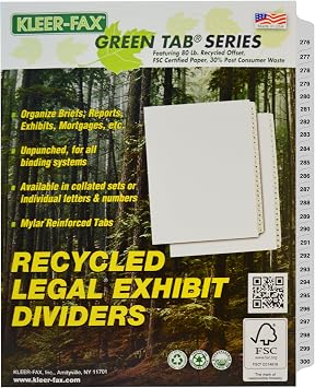 Kleer-Fax Letter-Size Index Dividers, Collated Numbered Sets, Side Tab, 1/25th Cut, 1 Set per Pack, White, 276-300 91912