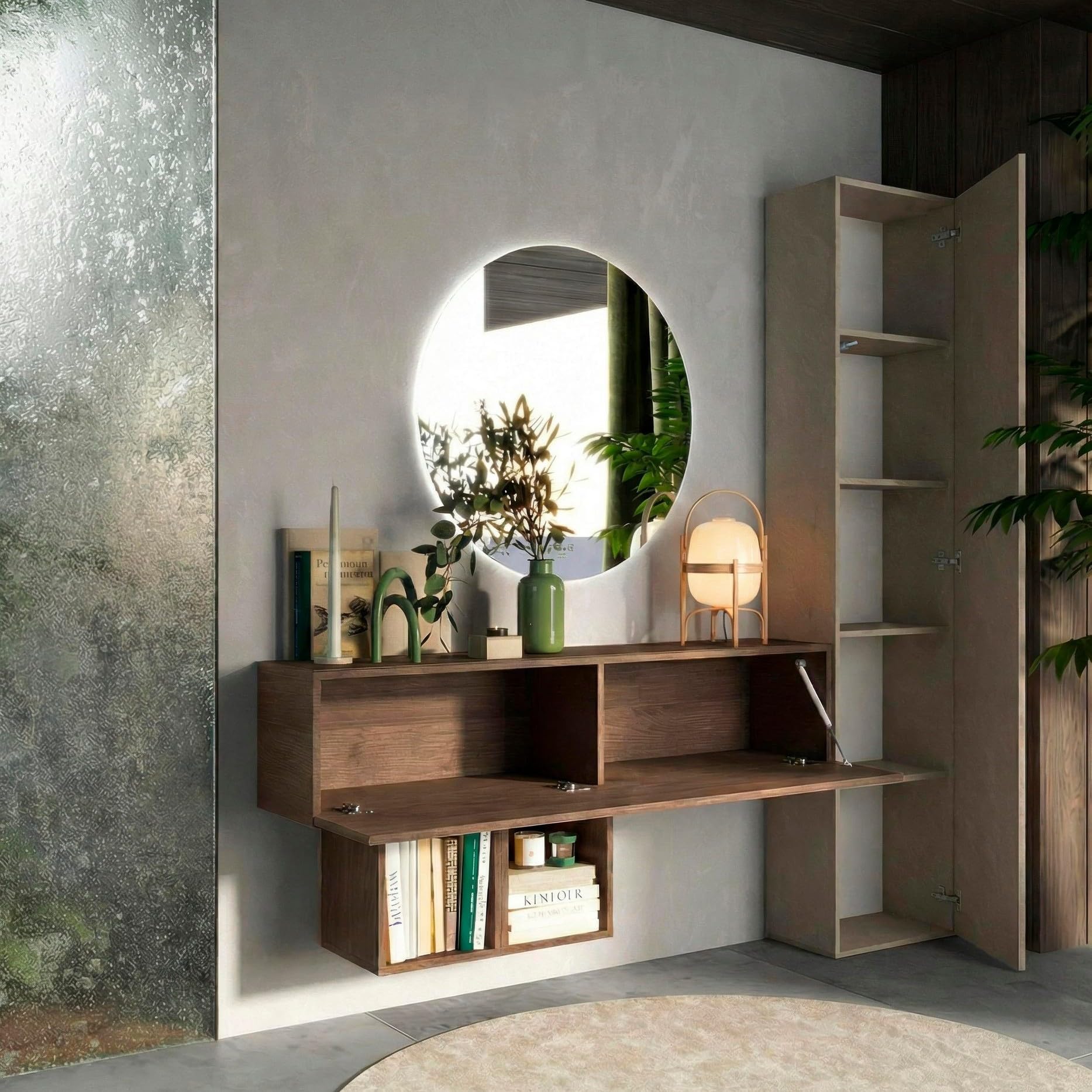 Mobile Ingresso Grande Moderno 192x186x30 cm Made in Italy - Mobiletto da Ingresso Componibile Salvaspazio con Ante Ribalta e Battente - Specchio Retroilluminato LED (Mercure e Argilla, Con Specchio)