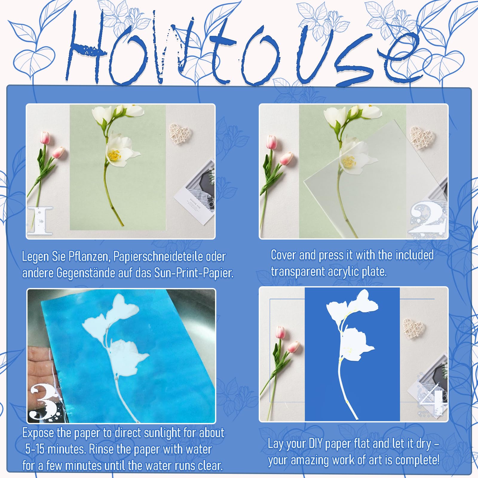 36 Feuilles Papier Cyanotype A5 + Plaque Acrylique - Kit Impression Solaire, Bricolage Art Créatif Enfants/adultes