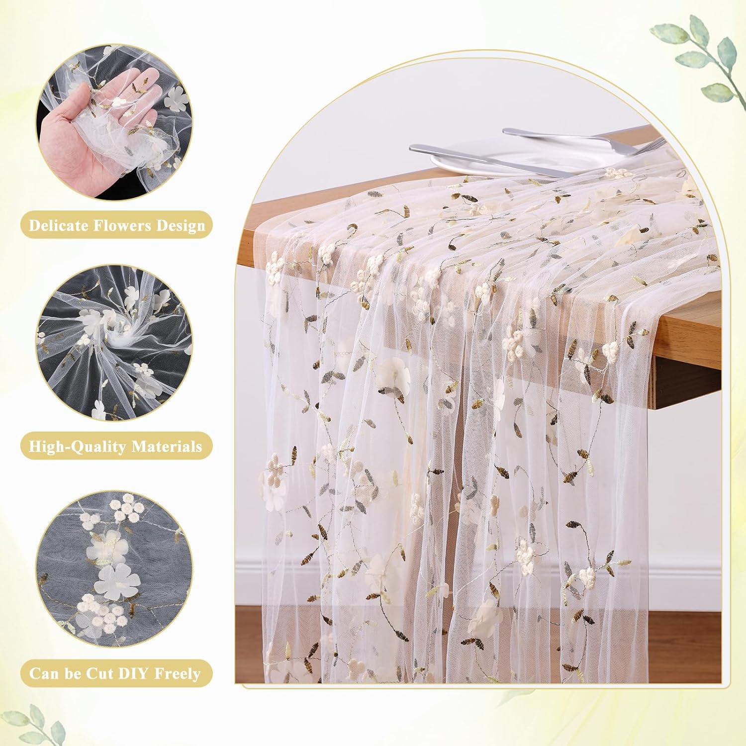 6 Pack Embroidery Floral Table Runner Rustic Spring Summer Wildflower Tulle Table Runner Vintage Flower Tabletop Runners for Home Kitchen Wedding Party Decoration, 108x24.5 Inch (Apricot Flowers)