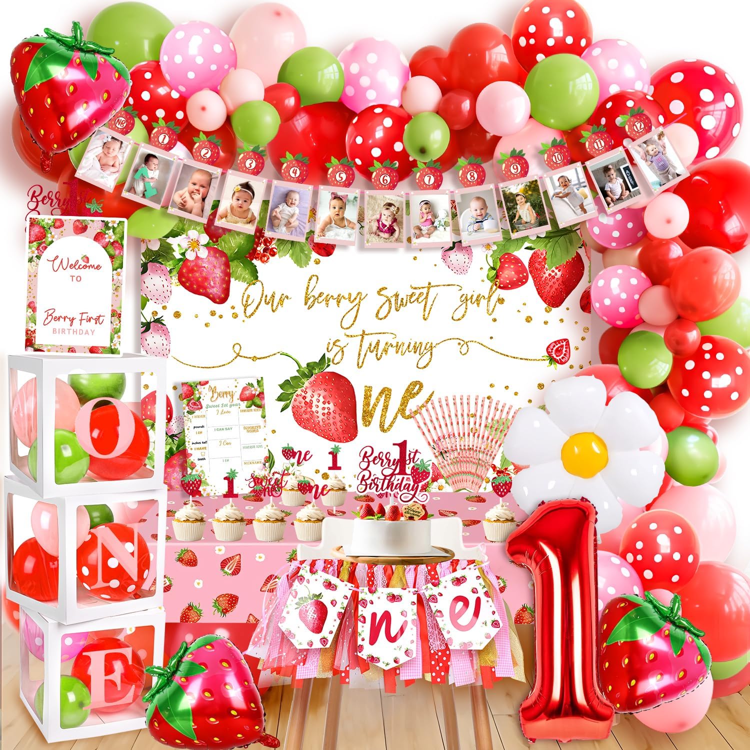Strawberry 1st Birthday Decorations for Girls, Berry First Birthday decor Party Supplies, Berry Sweet One Berry First Birthday Decor, Strawberry Theme Backdrop Party Decor