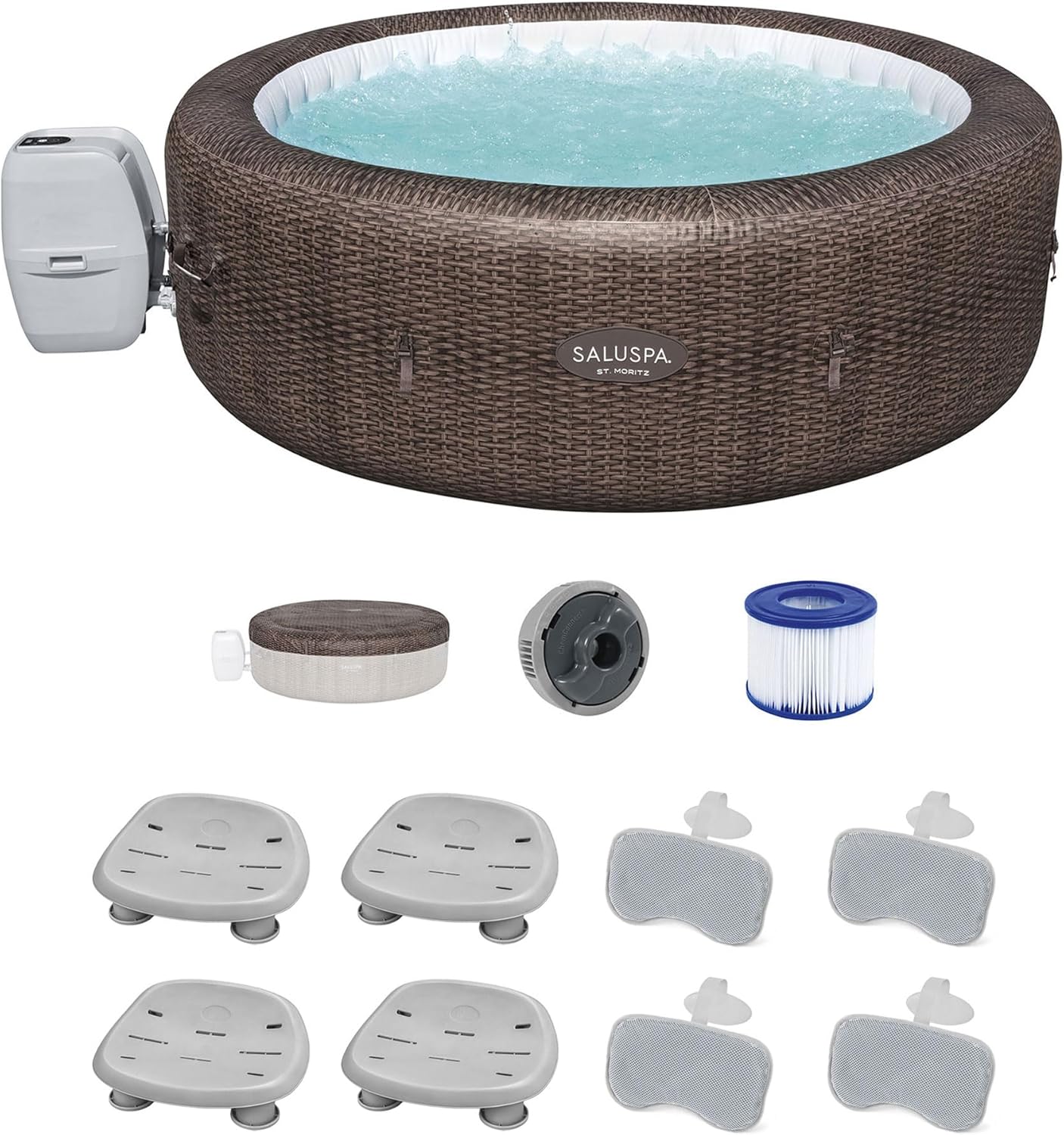 Bestway Coleman St Moritz AirJet Inflatable Hot Tub with EnergySense Cover Bundled with 4 SaluSpa Non-Slip Spa Seat and 2 Padded Headrest Pillows