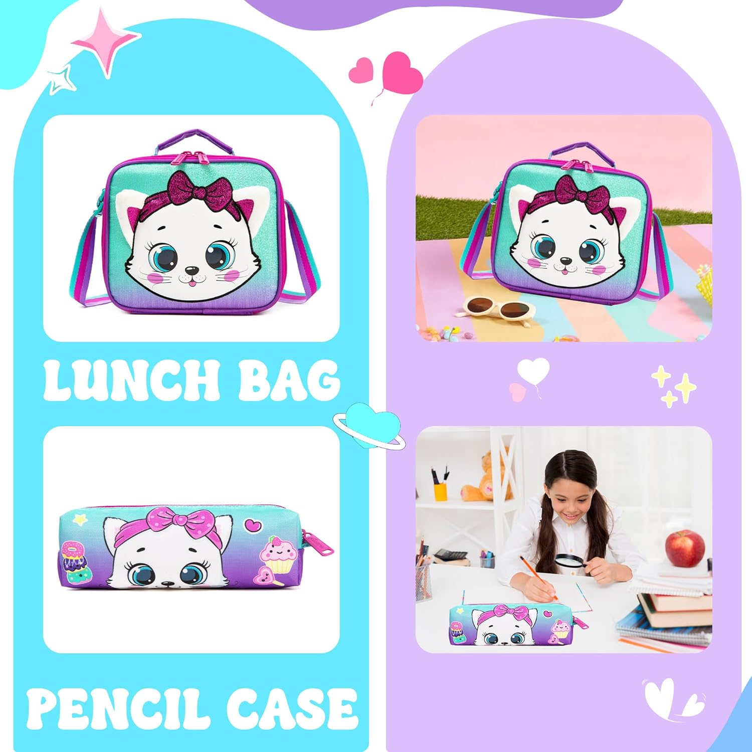 Homskiii Rolling Backpack with Wheels for Girls Kids Cute Cat Rolling Backpack with Lunch Bag and Pencil Case Set Kids Travel Luggage for Elementary Girls Ages 5-12
