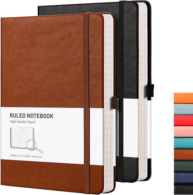 RETTACY Notepad A5 Lined 2 Pack - Leather Journal with 376 Numbered Ruled Pages, Hardcover Notebook,2 Free Sticky Notes Divider,8 Perforated Sheets, Pen Loop, Inner Pocket, 14.5 x 21cmBlack Brown