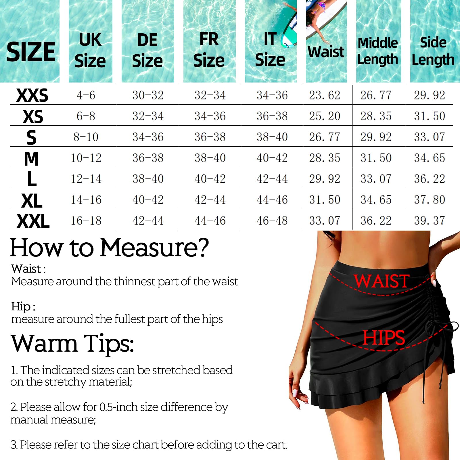 Gonna mestruale da donna, a vita alta, a 4 strati, a tenuta stagna, increspata, con coulisse, costume da bagno per ragazze e adolescenti, super assorbente, ad asciugatura rapida, per spiaggia