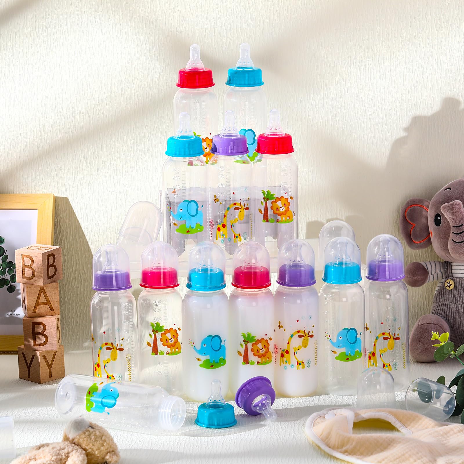 Norme 24 botellas de plástico de 9.5 onzas para baby shower, juegos, fiestas, botellas de leche para niños, decoraciones de cumpleaños, regalos, elefante, león, jirafa (recto)
