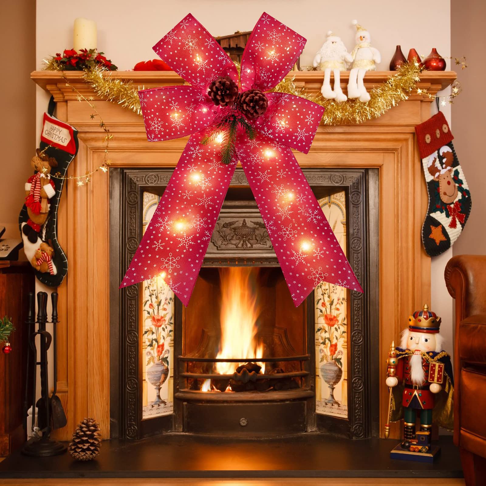 Geosar Christmas LED Wreath Bow Outdoor Decorations, 23 x 16 Inch Big Xmas Wreath Bow with Light Christmas Tree Topper Christmas Wall Door Front Outdoor Tree Decoration(1 Pcs)