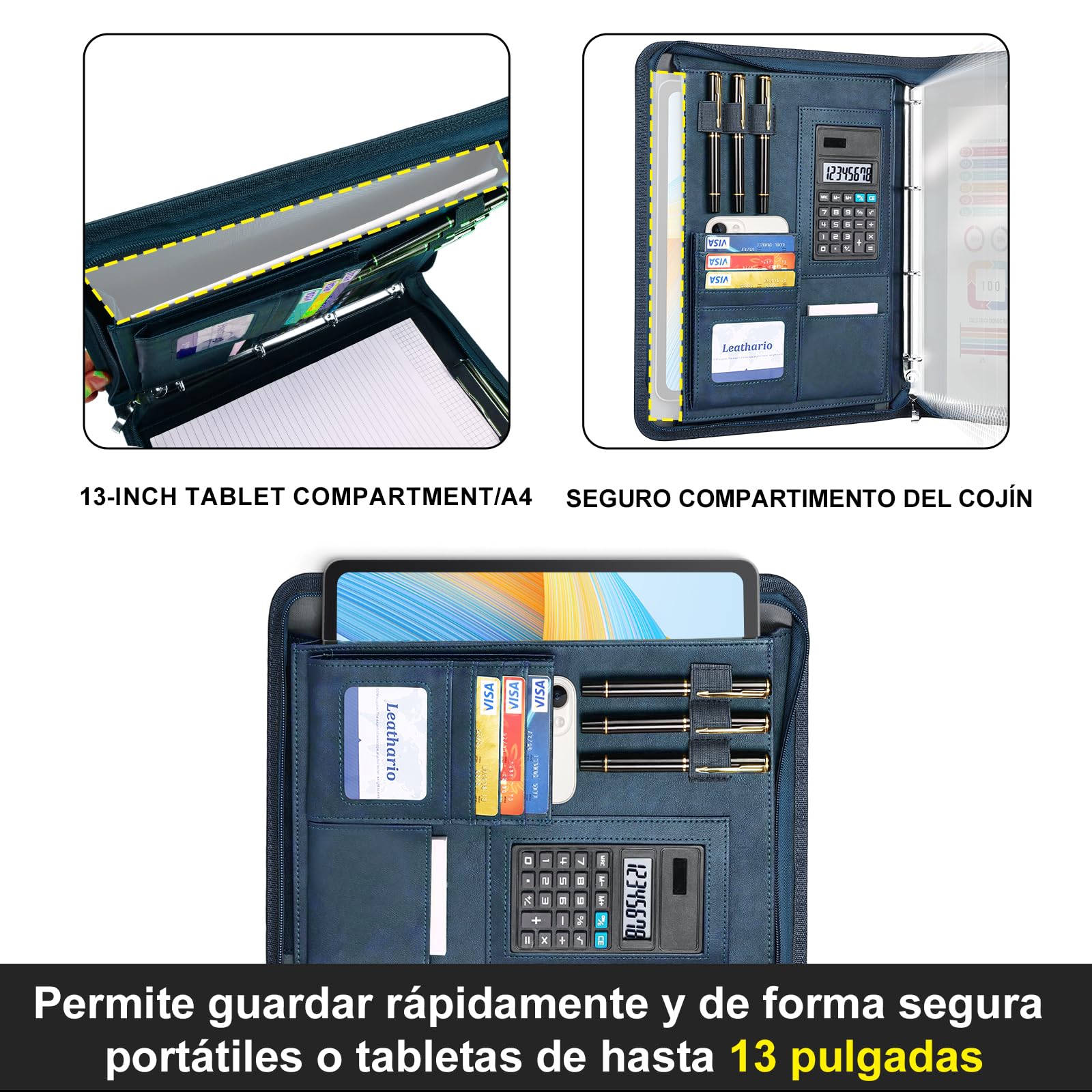 Leathario (Negro-A4) Marcas de Portafolio de Carpeta Plegable de Mano de PU para Hombres, Diseñado para Negocio y para Tomar Notas