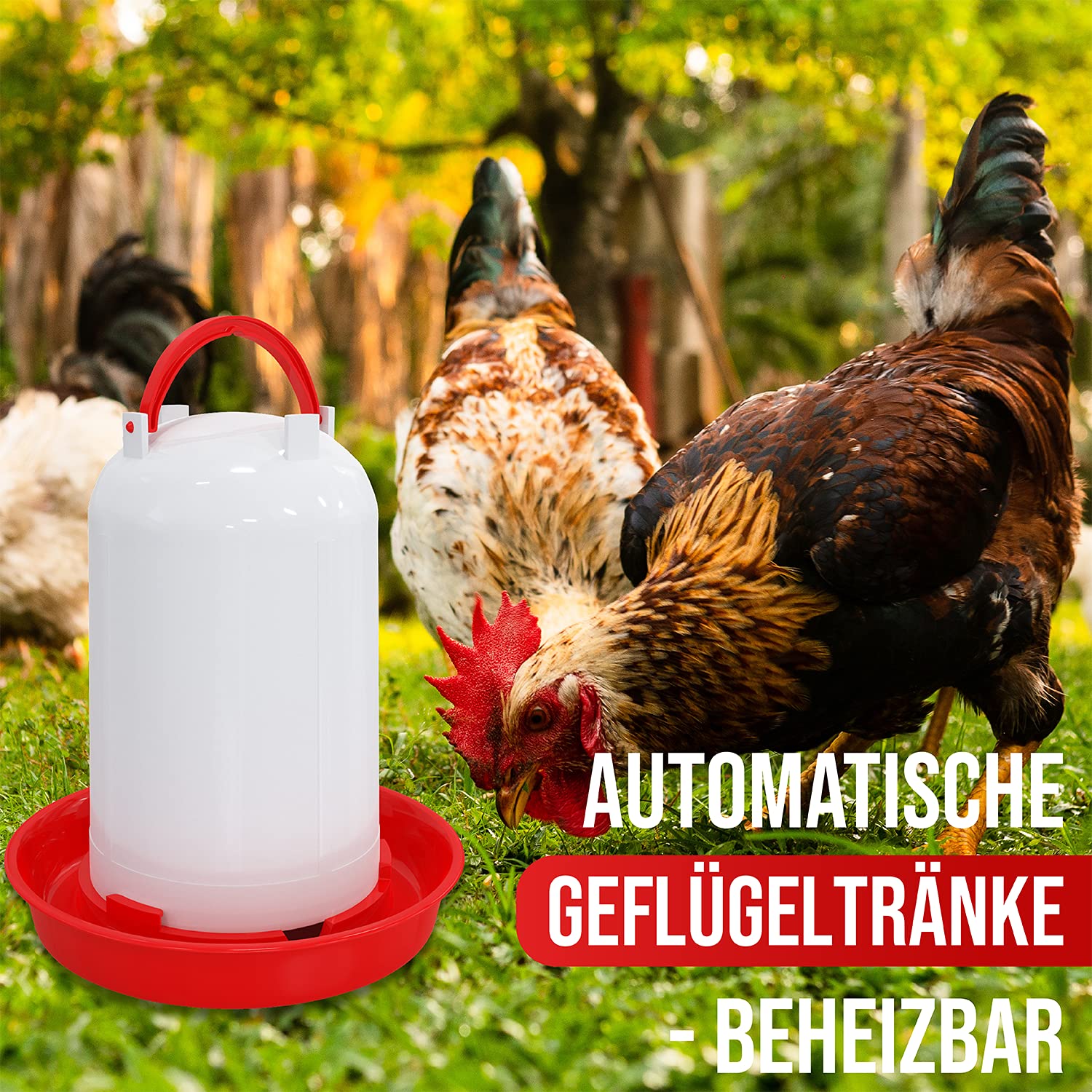 Hühnertränke 1,5, 3 oder 5 ltr. rot I Beheizbare Geflügeltränke für Hühner I Aufhängbarer Wasserspender I Automatische Wassertränke, Tränke, Hühnerzubehör I Geflügel Zubehör (Rot, 3 Liter)