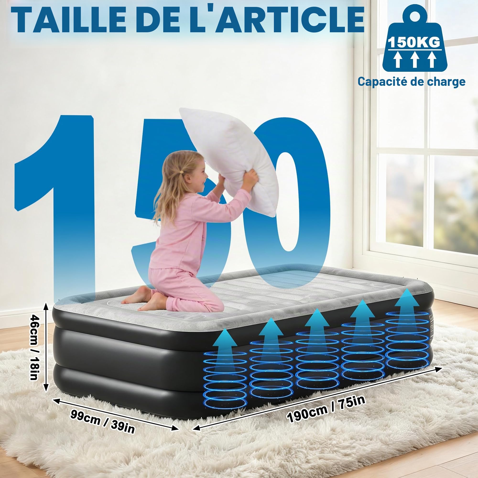 LARS360 Matelas gonflable auto-gonflant avec pompe à air, 187 x 90 x 46 cm, convient pour 1 personne, matelas gonflable avec sac de transport pour le camping/la maison, jusqu'à 300 kg - Noir/gris