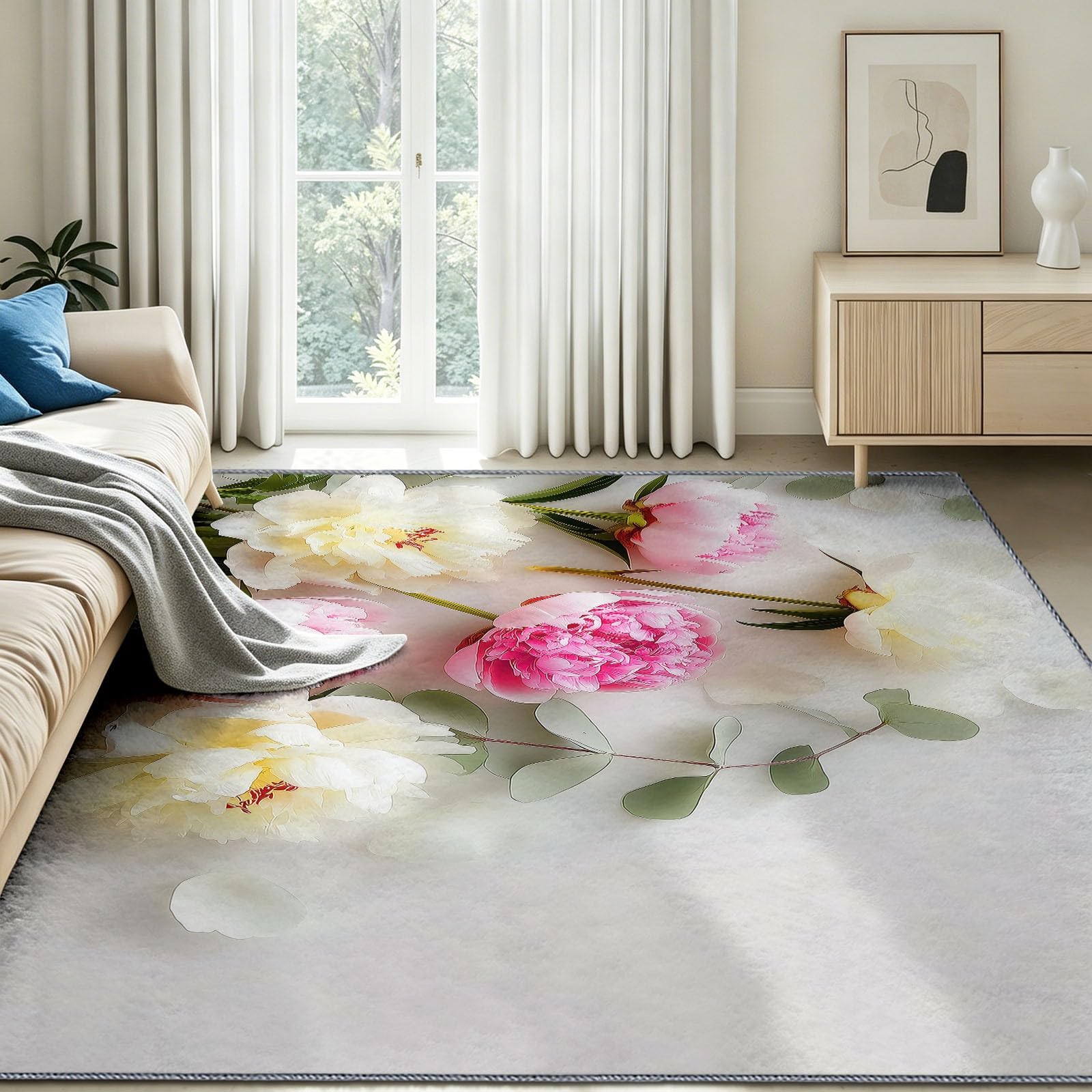Générique Tapis Botanique Pivoine Feuille Verte 140 x 200 cm - Tapis Salon Flowers Minimalisme Esthétique Chambre - Moquette Antidérapant Lavable Doux à Poils Ras - Décoration Intérieure