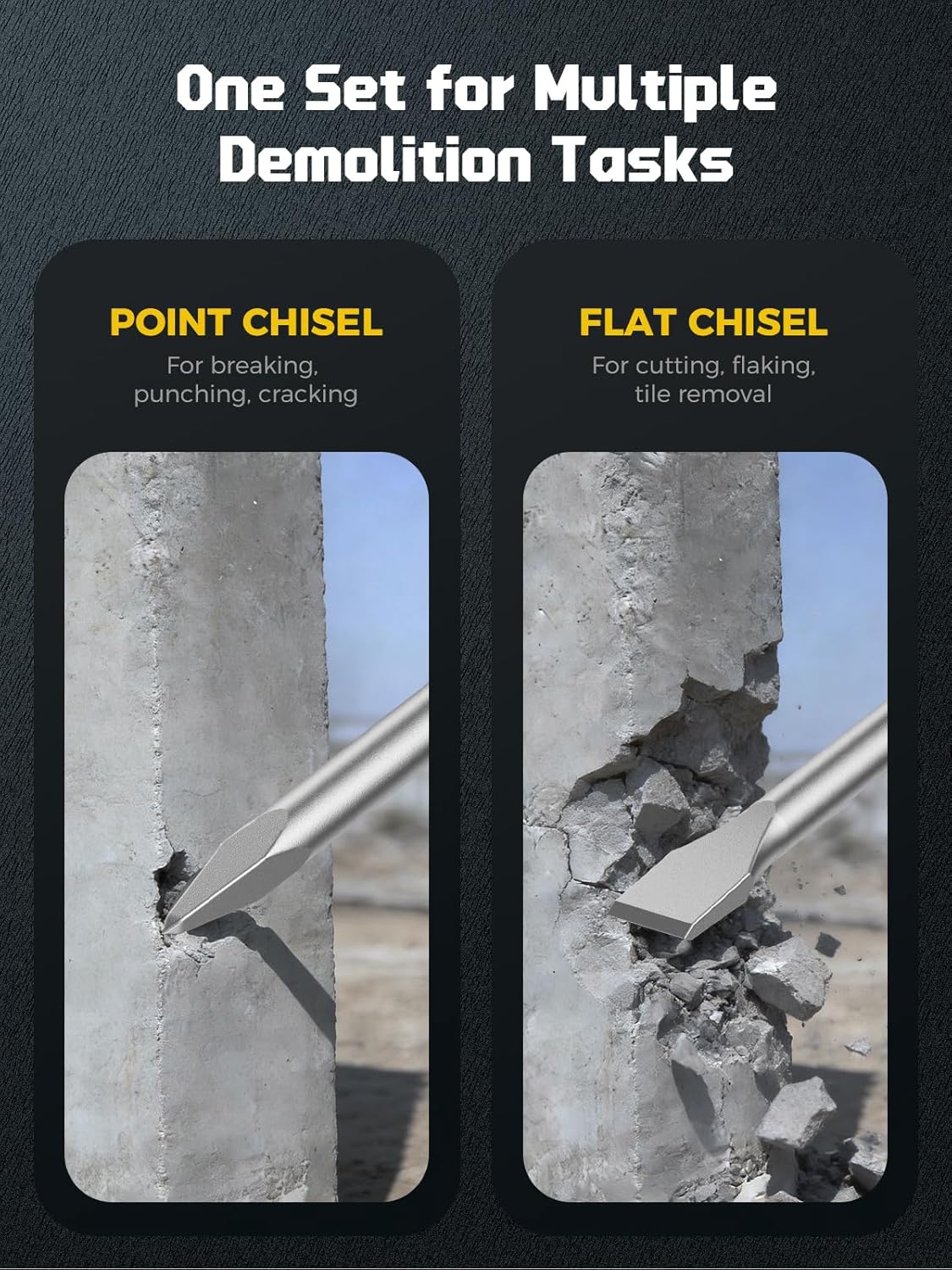 AZUNO 24-Inch SDS Plus Chisel Bits Set, Extra-Long Flat Chisel & Point Chisel, 42CrMo Heat-Treated Alloy Steel, Heavy-Duty Concrete Demolition, Brick & Tile Removal