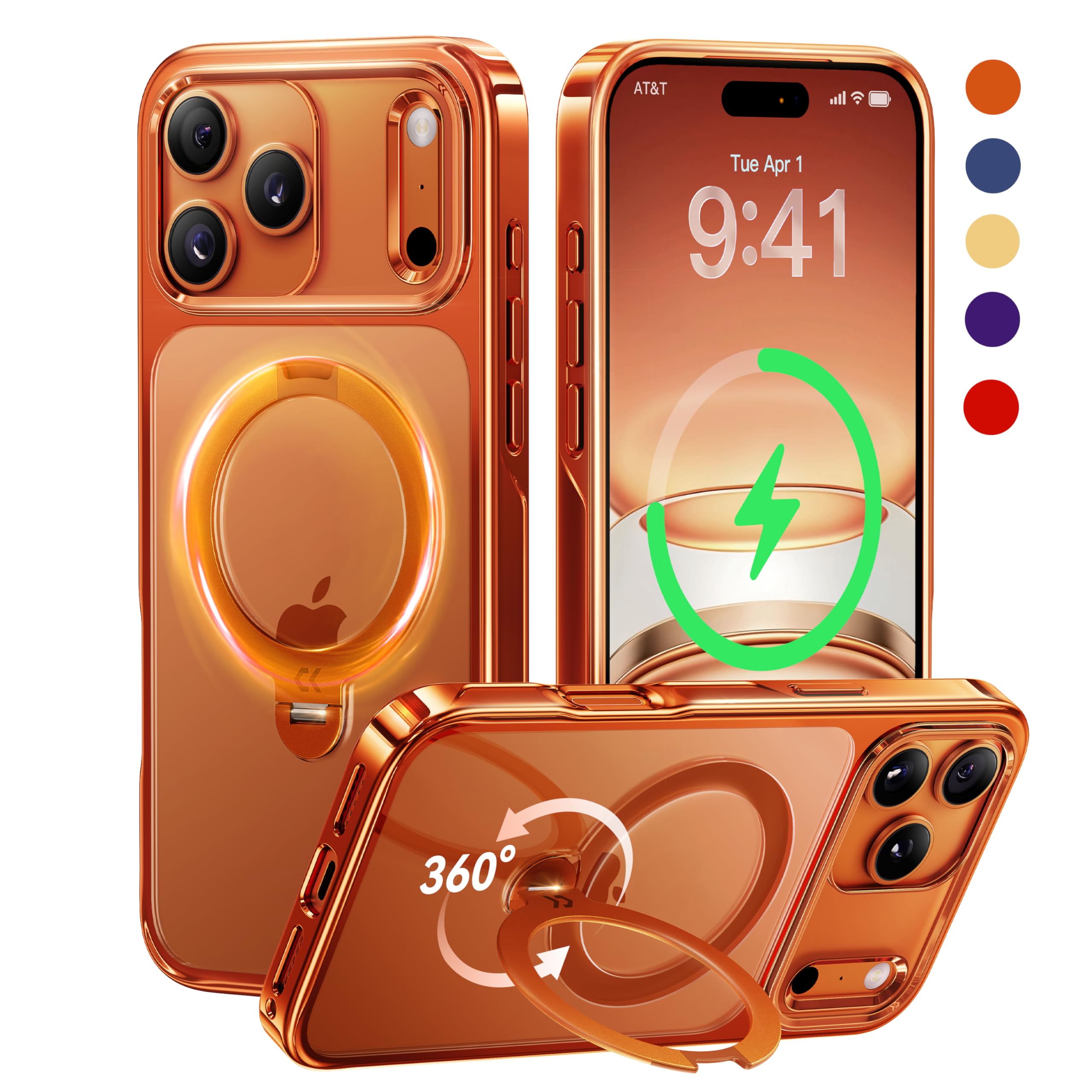 CASEKOO 360 Spin Magnetic Stand for iPhone 17 Pro Max Case with [Fit for MagSafe][17FT Military Protection] Slim Hand-Polished Frame Titanium Alloy Sturdy Stand 6.9", Glossy Cosmic Orange