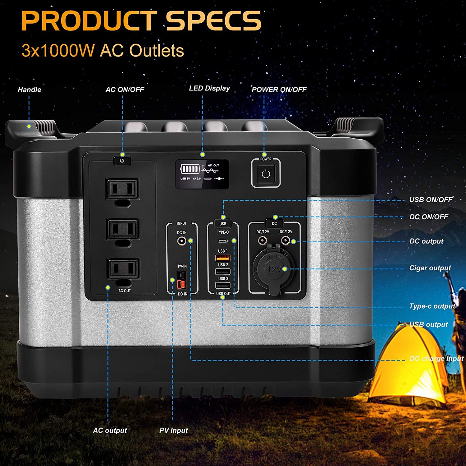 Generador de Gasolina, estación de energía portátil, generador Solar de 1000 W con batería de Litio para Exteriores y Camping, Sistema de Respaldo de Emergencia.