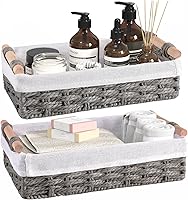 HomeHacks 2 Pack Grey Paper Rope Storage Baskets with Handles - Decorative Bins for Toilet Paper, Tank Top, Countertop Organizing